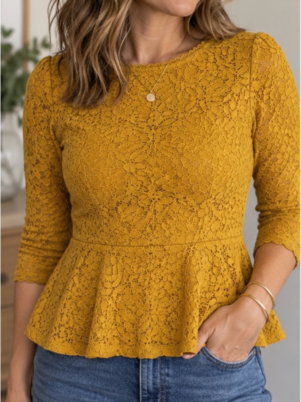Moulinette Soeurs Anthropologie Mustard Floral Lace Peplum Top Sz 4
